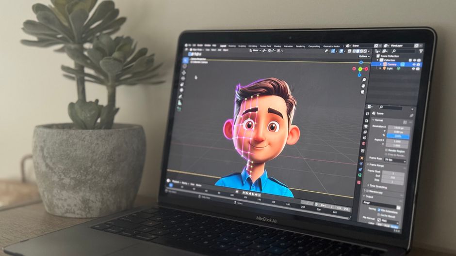 3Dモデリングソフトのキャラクターを表示したノートパソコン